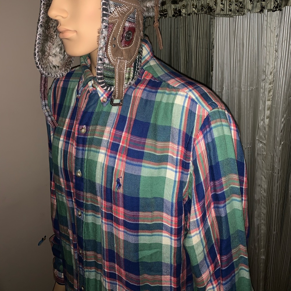 Multicolor, blue, green, and red plaid button down polo shirt with lining